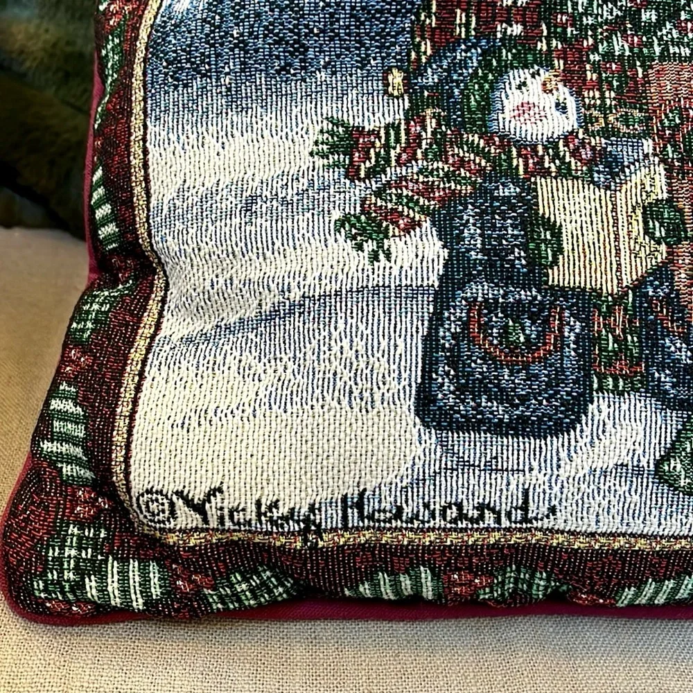 Vintage Holiday Tapestry Snowmen Pillow